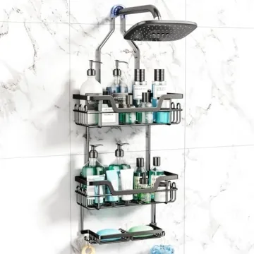 SWTYMIKI 3 Tier Rustproof Hanging Shower Caddy with 16 Hooks & Dual Soap Holder, Large Capacity Over...