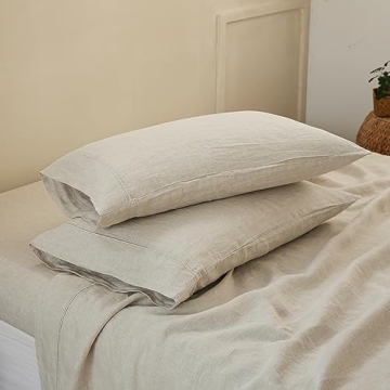 King Linens 100% French Linen Pillowcases with Embroidery - Pack of 2 - Washed Solid Color Natural F...