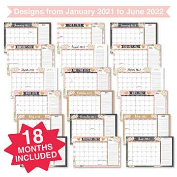 Gold Pink Chalk Floral 2021-2022 Desk Calendar, Large Monthly Wall Planner, 18 Month Academic Deskto...