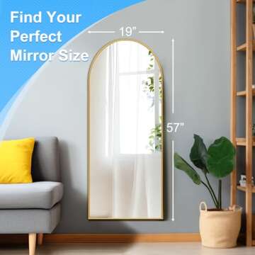 Grungis 57"x19" Arched Full Length Mirror with Stand, Gold Mirror Full Length Aluminum Alloy Thin Frame Full Body Mirror, Free Standing, Hang or Lean Against Wall