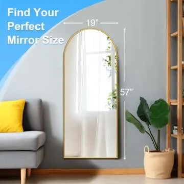 Grungis 57"x19" Arched Full Length Mirror with Stand, Gold Mirror Full Length Aluminum Alloy Thin Frame Full Body Mirror, Free Standing, Hang or Lean Against Wall