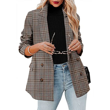 CRAZY GRID Womens Double Breasted Blazer Jackets Open Front Business Casual Suit Jacket Lapel Long S...