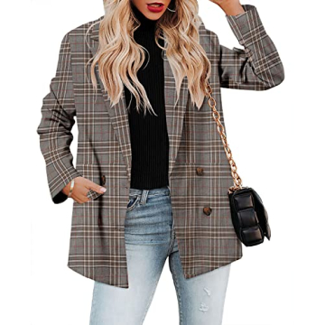 CRAZY GRID Women's Double Breasted Office Blazer Jacket