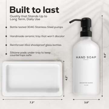 White Glass Soap and Lotion Dispenser Set with Tray by Brighter Barns - Hand Soap Dispenser Bathroom Set & Stainless Steel Pump for Home or Vacation Rental - White Bathroom Accessories & Decor (White)