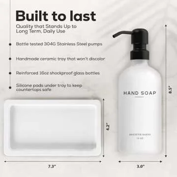 White Glass Soap and Lotion Dispenser Set with Tray by Brighter Barns - Hand Soap Dispenser Bathroom Set & Stainless Steel Pump for Home or Vacation Rental - White Bathroom Accessories & Decor (White)