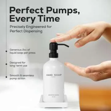 White Glass Soap and Lotion Dispenser Set with Tray by Brighter Barns - Hand Soap Dispenser Bathroom Set & Stainless Steel Pump for Home or Vacation Rental - White Bathroom Accessories & Decor (White)