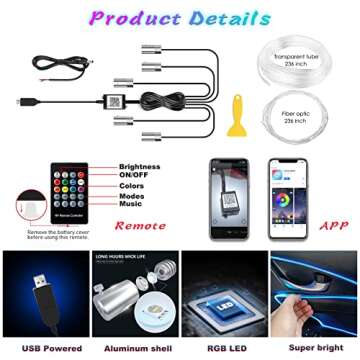 Jushope Interior Car LED Strip Lights with Wireless APP and Remote Control, RGB 5 in 1 Ambient Lighting Kits with 236 inches Fiber Optic, 16 Million Colors Car Neon Lights, Sync to Music