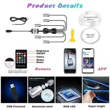 Jushope Interior Car LED Strip Lights with Wireless APP and Remote Control, RGB 5 in 1 Ambient Lighting Kits with 236 inches Fiber Optic, 16 Million Colors Car Neon Lights, Sync to Music