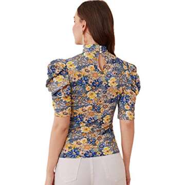 Floerns Women's Casual Frill Mock Neck Short Puff Sleeve Keyhole Back Work Office Blouse