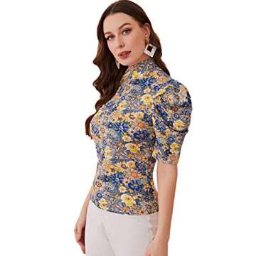 Floerns Women's Casual Frill Mock Neck Short Puff Sleeve Keyhole Back Work Office Blouse