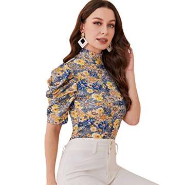 Floerns Women's Casual Frill Mock Neck Short Puff Sleeve Keyhole Back Work Office Blouse