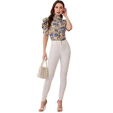 Floerns Women's Casual Frill Mock Neck Short Puff Sleeve Keyhole Back Work Office Blouse