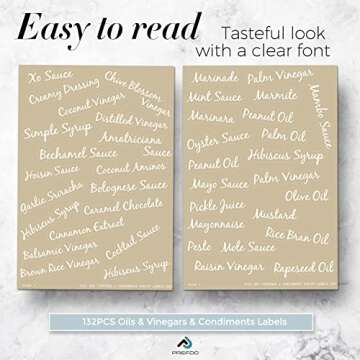 Prefdo 132 Oil & Vinegar Bottle Labels, Bold Cursive Clear Waterproof & Oil-Proof Condiments Stickers Oil Dispenser Labels for Kitchen Organization And Storage(White)