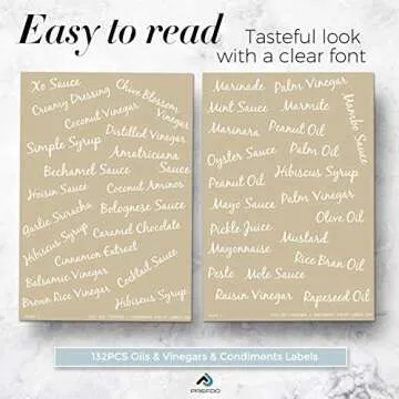 Prefdo 132 Oil & Vinegar Bottle Labels, Bold Cursive Clear Waterproof & Oil-Proof Condiments Stickers Oil Dispenser Labels for Kitchen Organization And Storage(White)