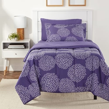 Amazon Basics Twin XL Comforter Set with Sheets, 5-Piece Purple Floral Bedding, Lightweight Microfib...