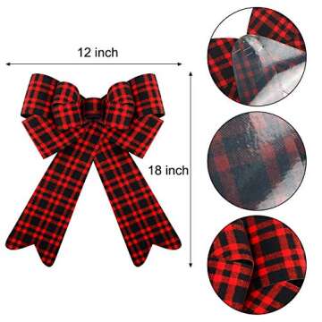 FUNARTY Large Christmas Bows 12x18 Inch Red Buffalo Plaid Tree Topper Bows Waterproof Wreath Holiday Decorative Bows Great for Christmas Tree Indoor and Outdoor Decorations, 2 Pack