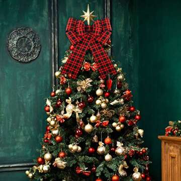 FUNARTY Large Christmas Bows 12x18 Inch Red Buffalo Plaid Tree Topper Bows Waterproof Wreath Holiday Decorative Bows Great for Christmas Tree Indoor and Outdoor Decorations, 2 Pack