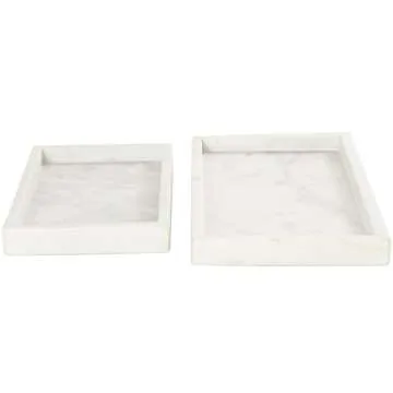 CosmoLiving by Cosmopolitan Marble Living Room Decor Tray Slim Ottoman Tray, Set of 2 Serving Tray 14",11"W, White