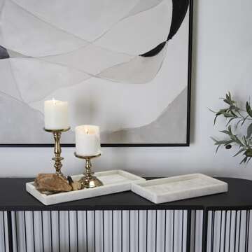 CosmoLiving by Cosmopolitan Marble Living Room Decor Tray Slim Ottoman Tray, Set of 2 Serving Tray 14",11"W, White