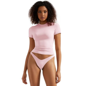 SUUKSESS Women Double Lined Fitted Basic Tee Shirts Crew Neck Short Sleeve Y2K Going Out Crop Tops (...