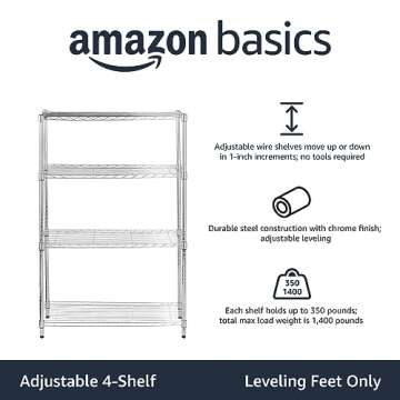 Amazon Basics 4-Shelf Adjustable Heavy Duty Steel Wire Rack Storage Shelving Organizer for Kitchen, ...