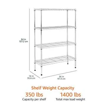 Amazon Basics 4-Shelf Adjustable Heavy Duty Steel Wire Rack Storage Shelving Organizer for Kitchen, Garage, 36" L x 14" W x 54" H, Chrome Silver