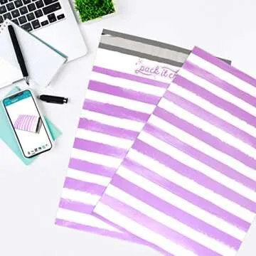 Pack It Chic - 10X13 (100 Pack) Purple Watercolor Stripes Poly Mailer Envelope Plastic Custom Mailing & Shipping Bags - Self Seal