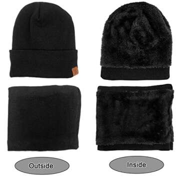 Mens Winter Hat Scarf Gloves 3 in 1, Fleece Lined Thick Warm Beanie Hats Set, Knit Slouchy Skull Caps (Black)