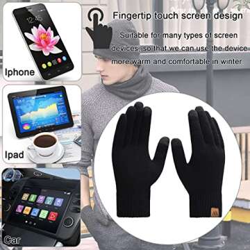 Mens Winter Hat Scarf Gloves 3 in 1, Fleece Lined Thick Warm Beanie Hats Set, Knit Slouchy Skull Caps (Black)