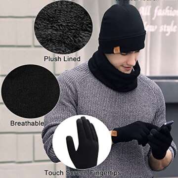 Mens Winter Hat Scarf Gloves 3 in 1, Fleece Lined Thick Warm Beanie Hats Set, Knit Slouchy Skull Caps (Black)