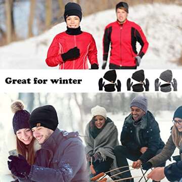 Mens Winter Hat Scarf Gloves 3 in 1, Fleece Lined Thick Warm Beanie Hats Set, Knit Slouchy Skull Caps (Black)