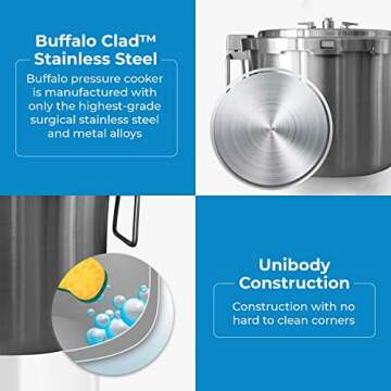 Buffalo 37 Quart Stainless Steel Pressure Cooker Extra Large Canning Pot with Rack and Lid for Commercial Use - Easy to Clean Stove Top Pressure Canner, Can Cooker - Safety Goods Certificate QCP435