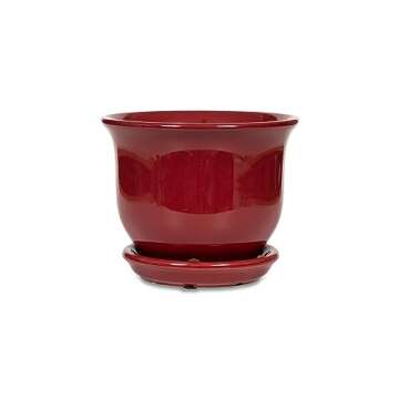 Garden & Home Red 8 Inch Indoor Ceramic Plant Pot with an Attached Saucer and Drainage Hole for House Plants, Herbs, Flowers, Succulent Plants, Snake Plants, Gifts for Mom