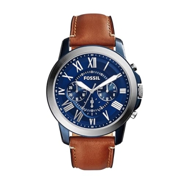 Fossil Men's Grant Quartz Watch: Stainless Steel & Leather, Silver/Blue, Luggage (Model: FS5151)