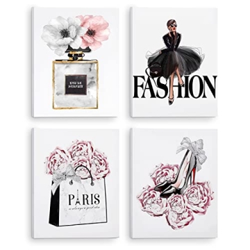 CoziTech Fashion Women Canvas Wall Art Framed, Modern Artwork for Girls Bedroom Wall Décor Pink Flo...