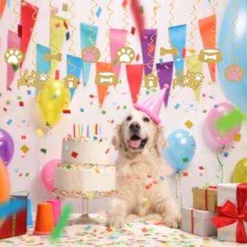 Puppy Dog Party Decoration Let's Pawty Birthday Party Streamers Dog Paw Bday Party Hanging Swrils Decoration 24pcs Party Decor Banner Supplies, Assembled and Ready to Use