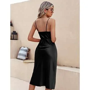 Ekouaer Women's Satin Silk Evening Cocktail Party Dress Outfits Chemise V Neck Pj Dress Nightshirt Black