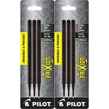 Pilot Frixion Erasable Pens 0.5 Ball Clicker Gel Ink Retractable Pen - Extra Fine Point - White Barrel - Black Ink - Pack Of 3 Pens And 6 Refills