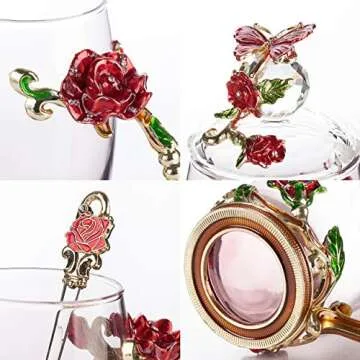 BTaT- Floral Glass Tea Cups with Lids, Pack of 2, Flower Tea Cups, Fancy Tea Cups, Fancy Glass Cups, Flower Teacup, Pretty Glass Cups, Flower Glass Mug, Valentines Gift