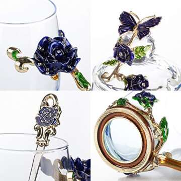 BTaT- Floral Glass Tea Cups with Lids, Pack of 2, Flower Tea Cups, Fancy Tea Cups, Fancy Glass Cups, Flower Teacup, Pretty Glass Cups, Flower Glass Mug, Valentines Gift