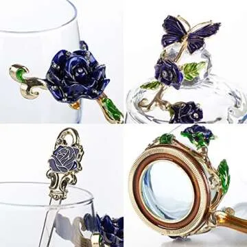 BTaT- Floral Glass Tea Cups with Lids, Pack of 2, Flower Tea Cups, Fancy Tea Cups, Fancy Glass Cups, Flower Teacup, Pretty Glass Cups, Flower Glass Mug, Valentines Gift