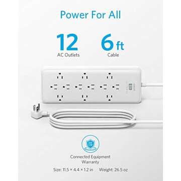 Anker Power Strip Surge Protector (2 × 4000 Joules), PowerExtend Strip 12 Outlets with Flat Plug, 1875W Output, 6ft Extension Cord, Dual Surge Protection for Office, Home