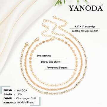 YANODA 3Pcs Gold Ankle Bracelets for Women Dainty 14k Gold Plated Layering Anklets Set Adjustable Fashion Cuban Disk Tennis Link Chain Ankle Bracelet Adjustable Beach Foot Jewelry Gifts for Women