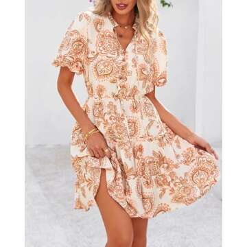 BTFBM Women Summer Floral Short Dresses V Neck Short Sleeve Tiered Ruffle Boho Swing Dress A-Line Mi...