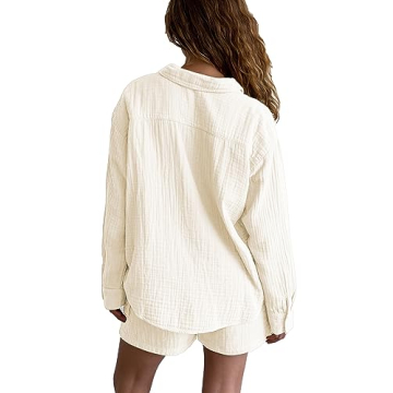 Famulily Womens Cute Homewear Set Casual Button Down Long Sleeve Shirt Drawstring Shorts 2 Piece Lounge Set Beige XL