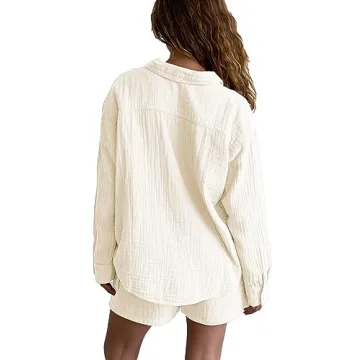 Famulily Womens Cute Homewear Set Casual Button Down Long Sleeve Shirt Drawstring Shorts 2 Piece Lounge Set Beige XL