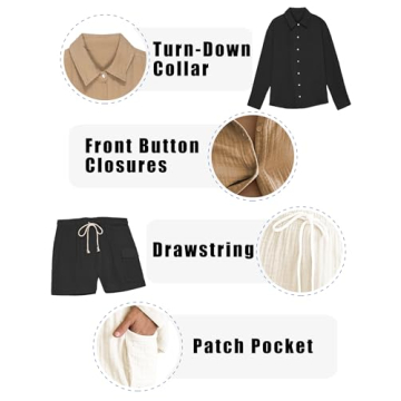 Famulily Womens Cute Homewear Set Casual Button Down Long Sleeve Shirt Drawstring Shorts 2 Piece Lounge Set Beige XL