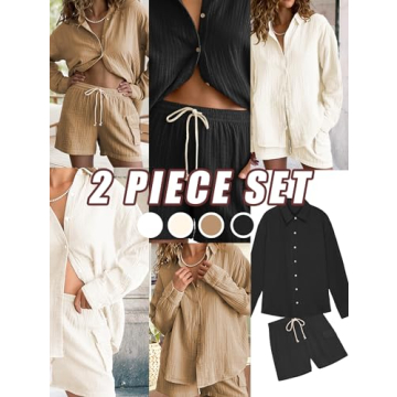Famulily Womens Cute Homewear Set Casual Button Down Long Sleeve Shirt Drawstring Shorts 2 Piece Lounge Set Beige XL