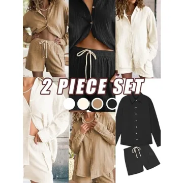 Famulily Womens Cute Homewear Set Casual Button Down Long Sleeve Shirt Drawstring Shorts 2 Piece Lounge Set Beige XL