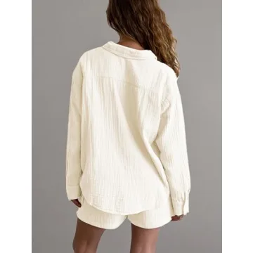 Famulily Womens Cute Homewear Set Casual Button Down Long Sleeve Shirt Drawstring Shorts 2 Piece Lounge Set Beige XL